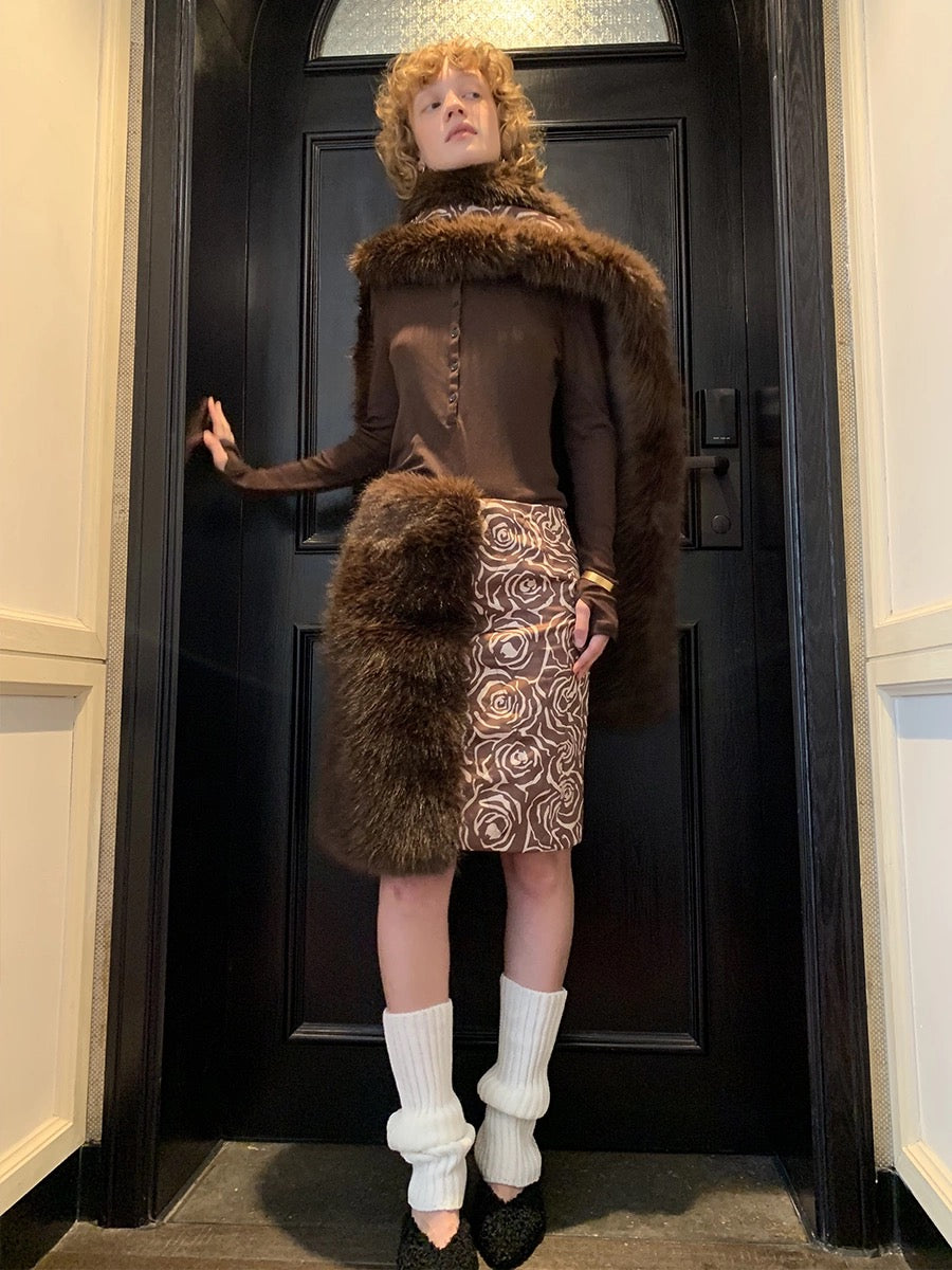 ‘Steel rose’ Fur quilted cotton skirt