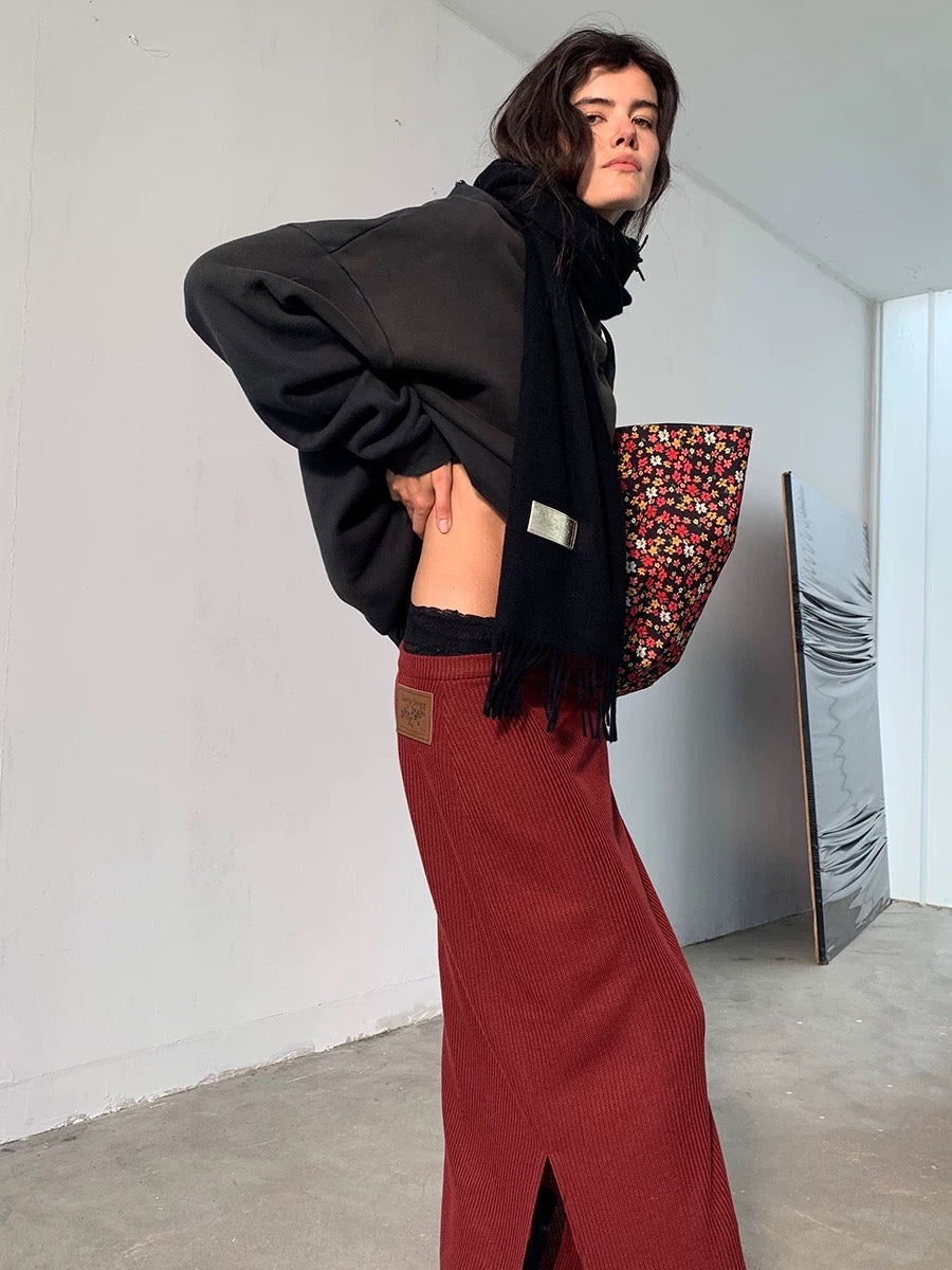 Red ribbed knit maxi skirt