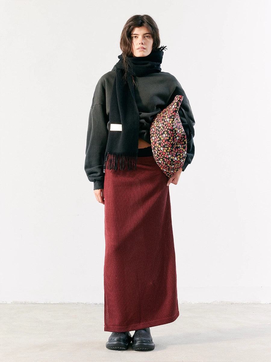 Red ribbed knit maxi skirt