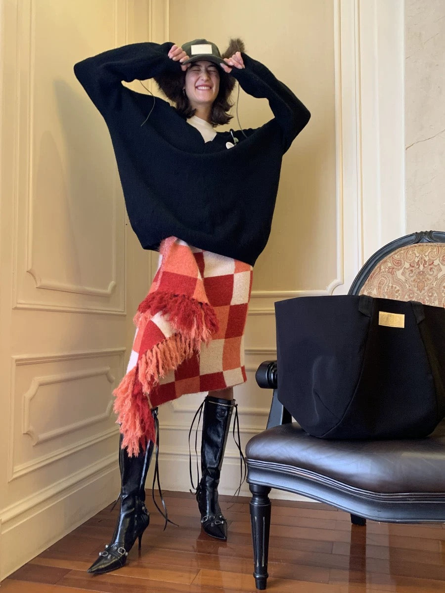 Plaid wool scarf fringe skirt