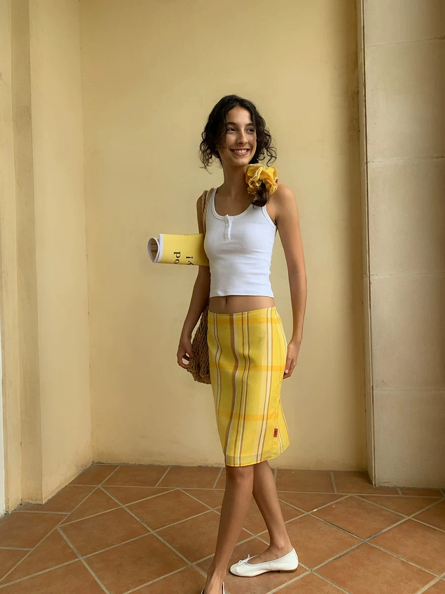 double-layer plaid pencil skirt