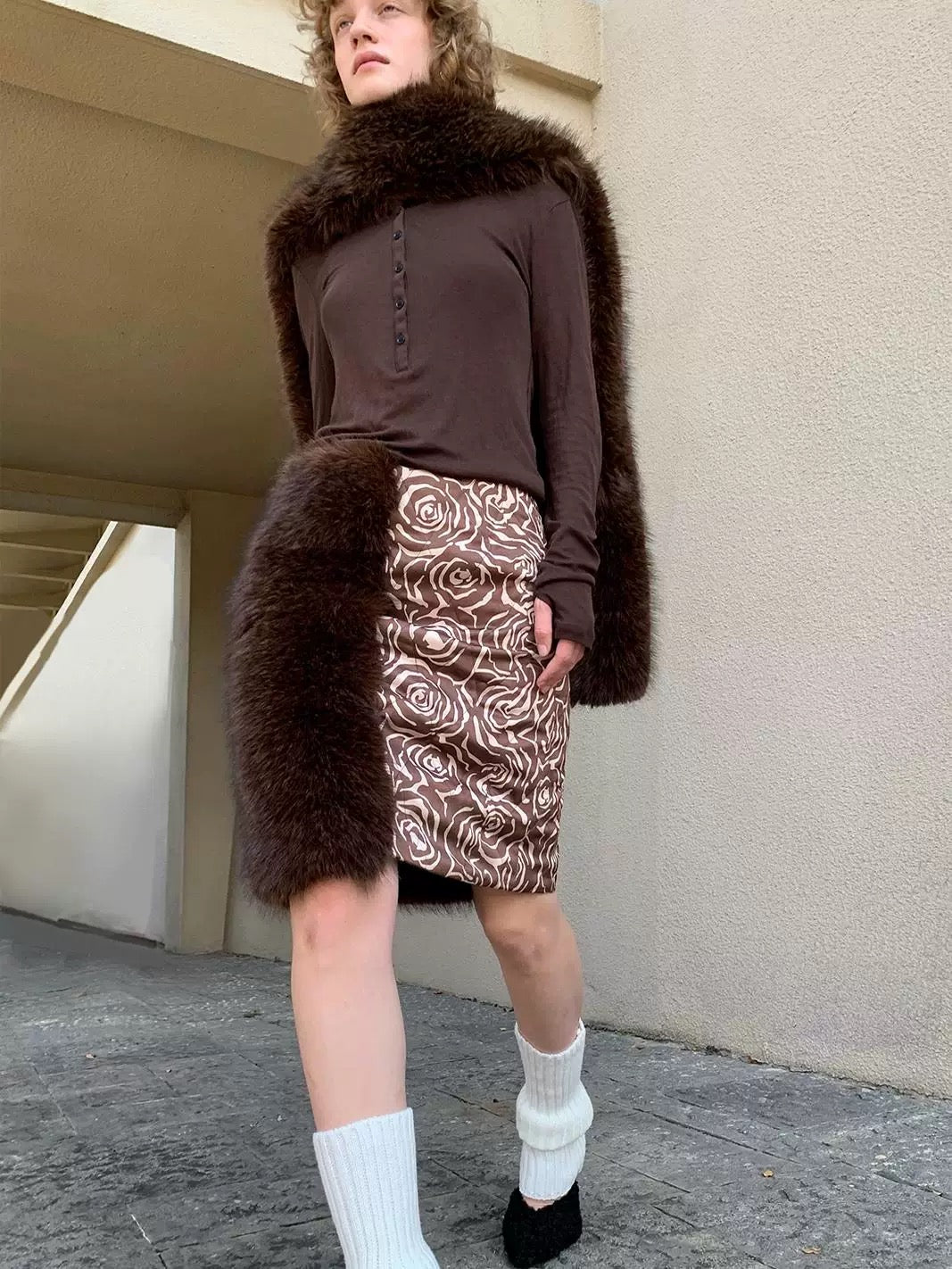 ‘Steel rose’ Fur quilted cotton skirt