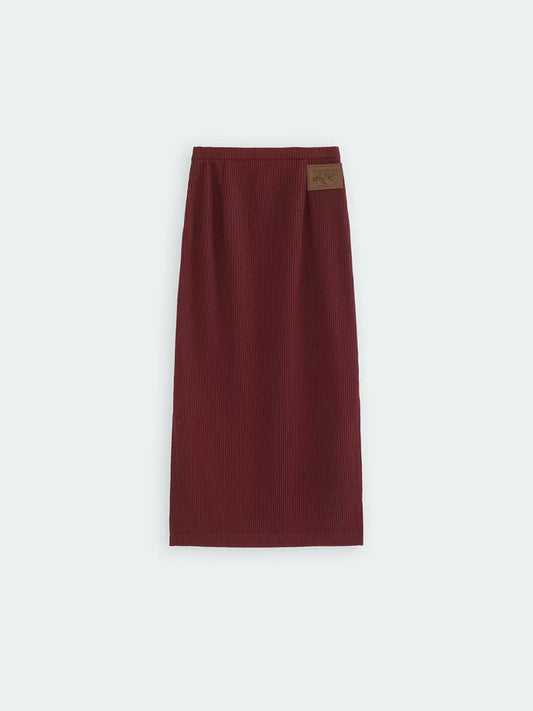 Red ribbed knit maxi skirt
