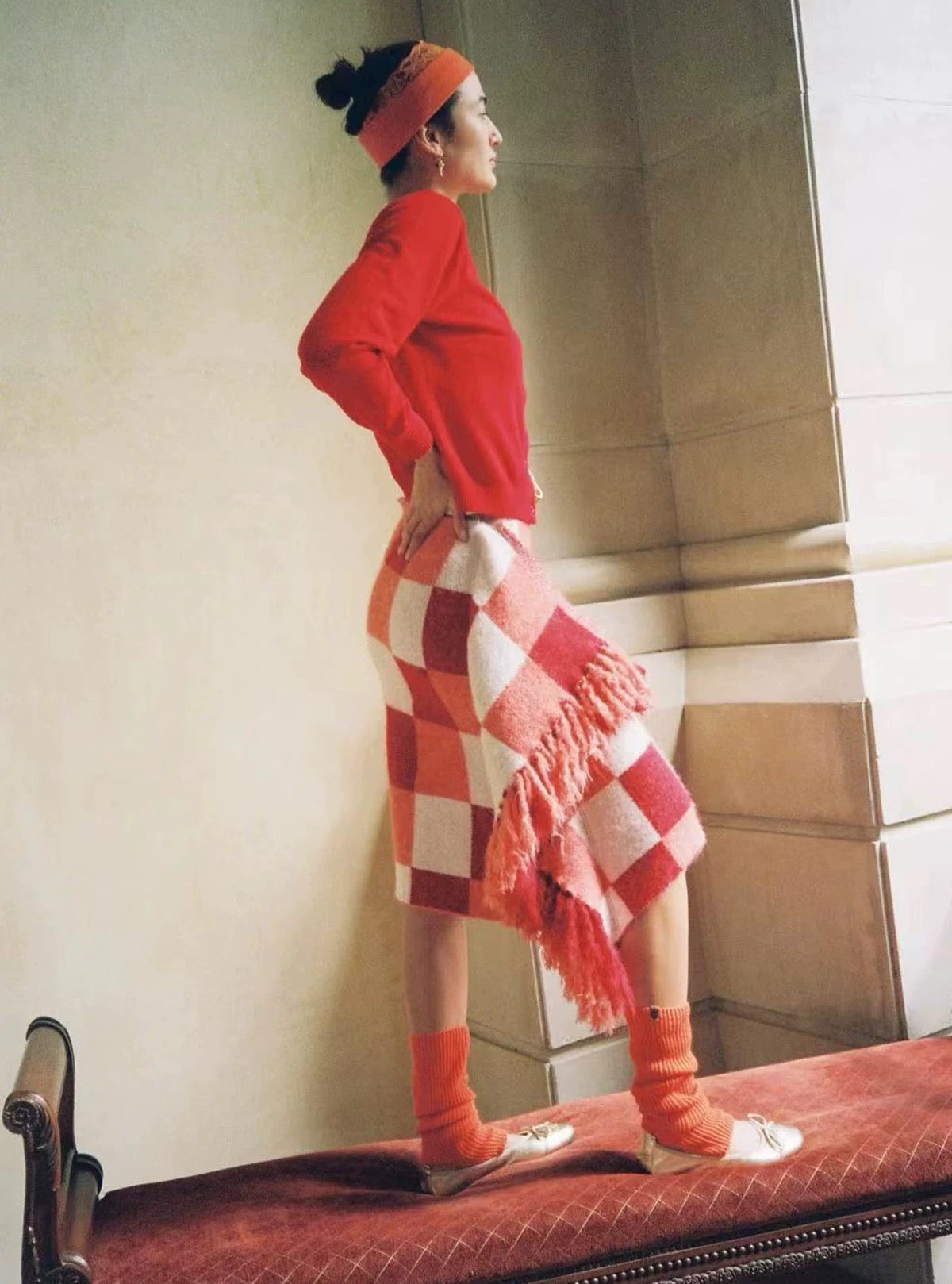 Plaid wool scarf fringe skirt